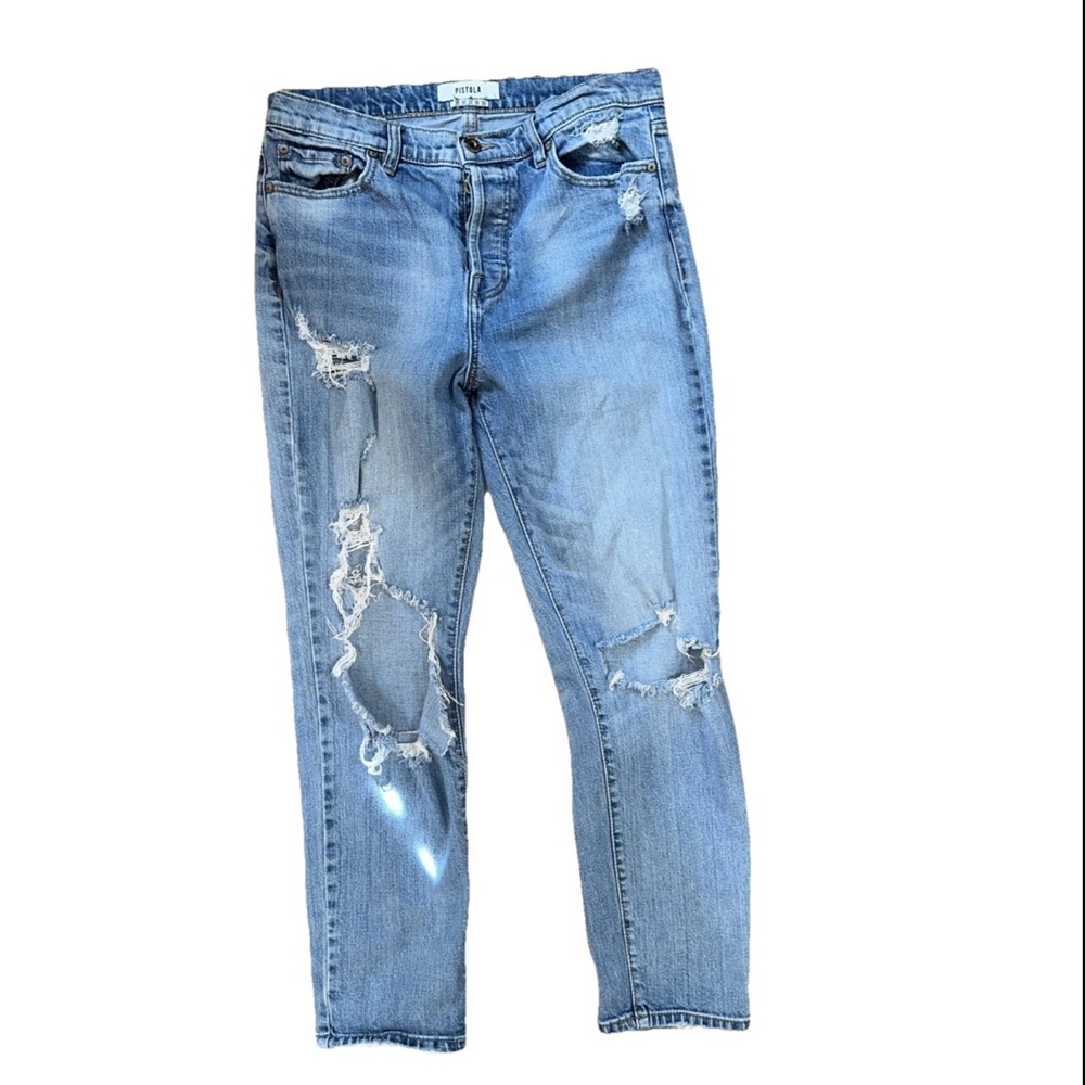 Pistola High Rise Mom Jeans Light Wash Blue Women 30 Distressed Holes Straight